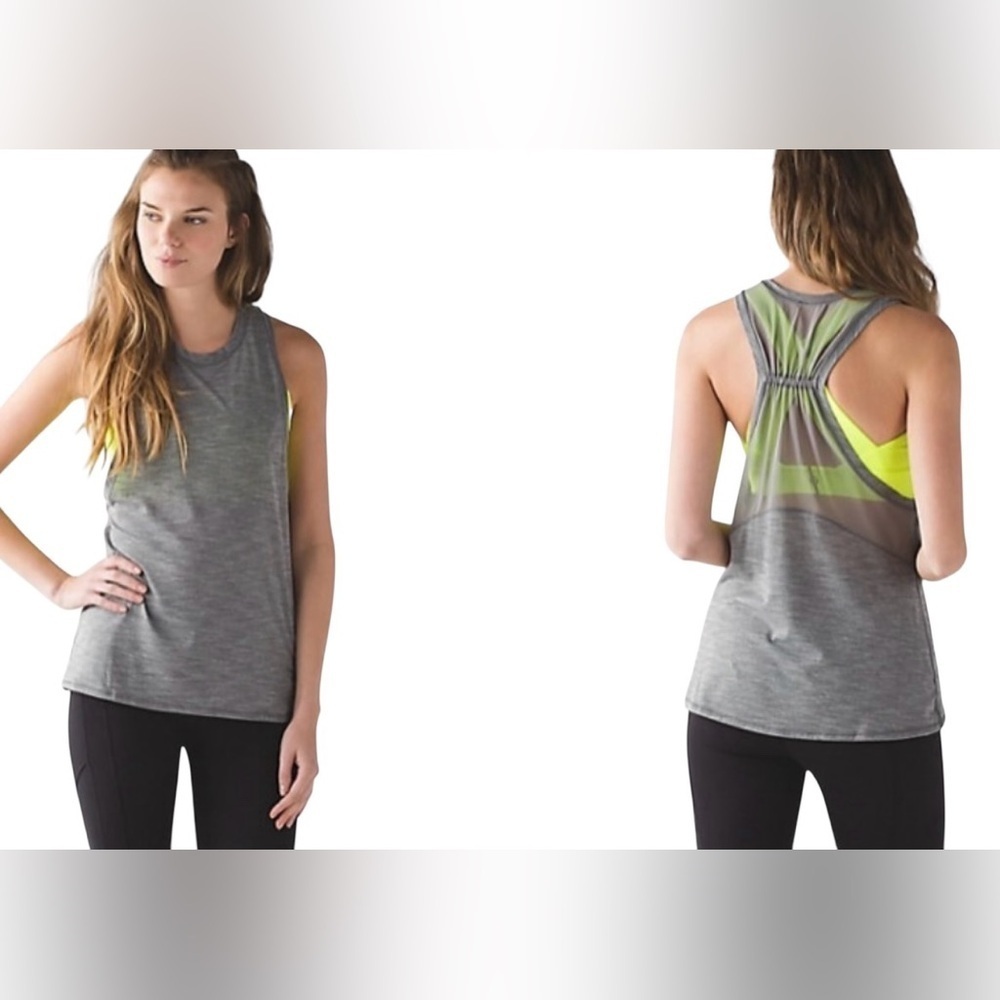 Lululemon in a cinch gray tank top with neon sports bra attached woman's Sz/8